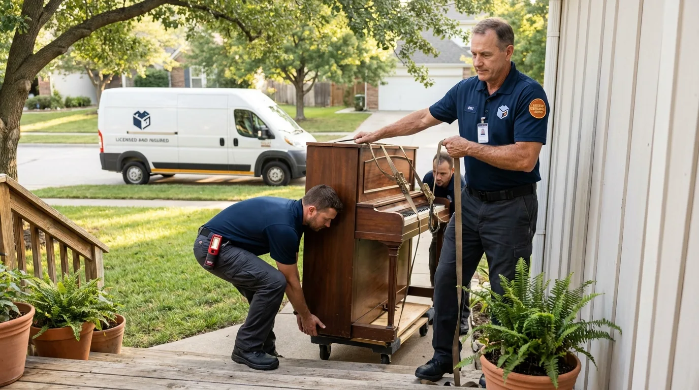 Licensed piano movers securing grand piano in Sandy, UT